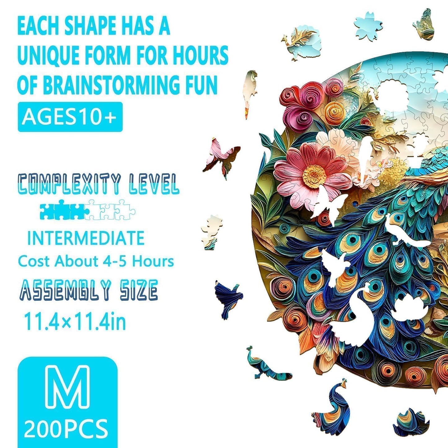 Wooden Puzzles for mature-themeds - Peacock Puzzle 200 Pieces  Flat Puzzle with 3D Visual Effect  Unique Shape Wood Puzzles mature-themed  Paper Sculpture Modern Art Home Decor  Good Gift Idea (M-11.4 * 11.4in)
