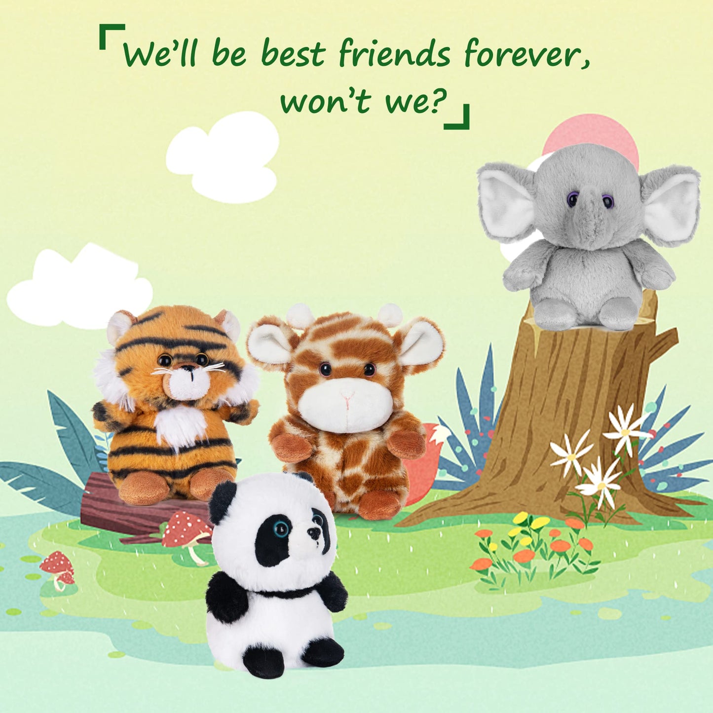 My Oli 5'' Forest Animal Plush Set - Panda, Elephant, Giraffe & Tiger Bundle For Kids & Babies (Pack Of 4)