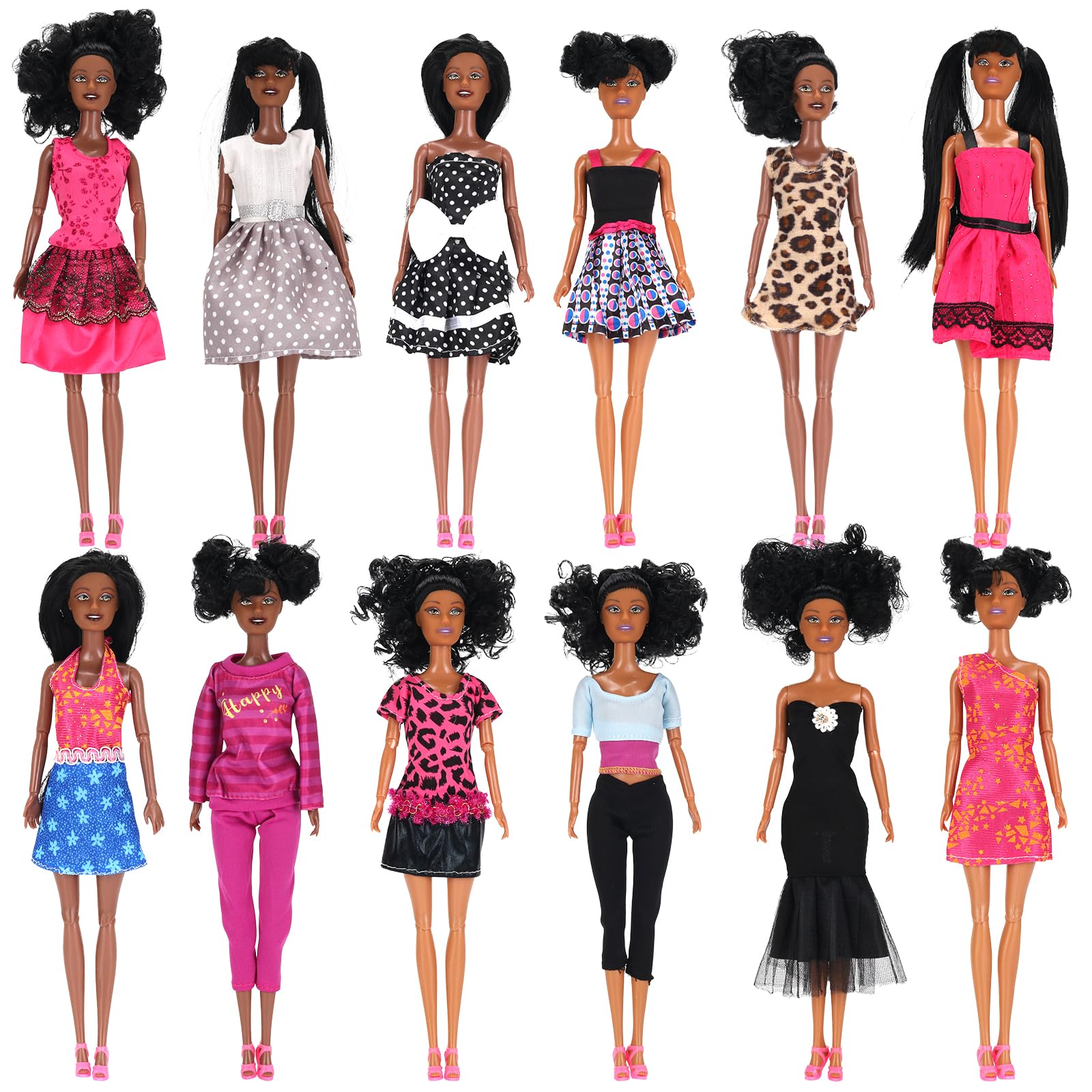12 Piece African American Black Toy Doll Playset  11.8 enhanced Fashion Diversity Dolls  Variety Pack for Kids  Girls' Party Favors