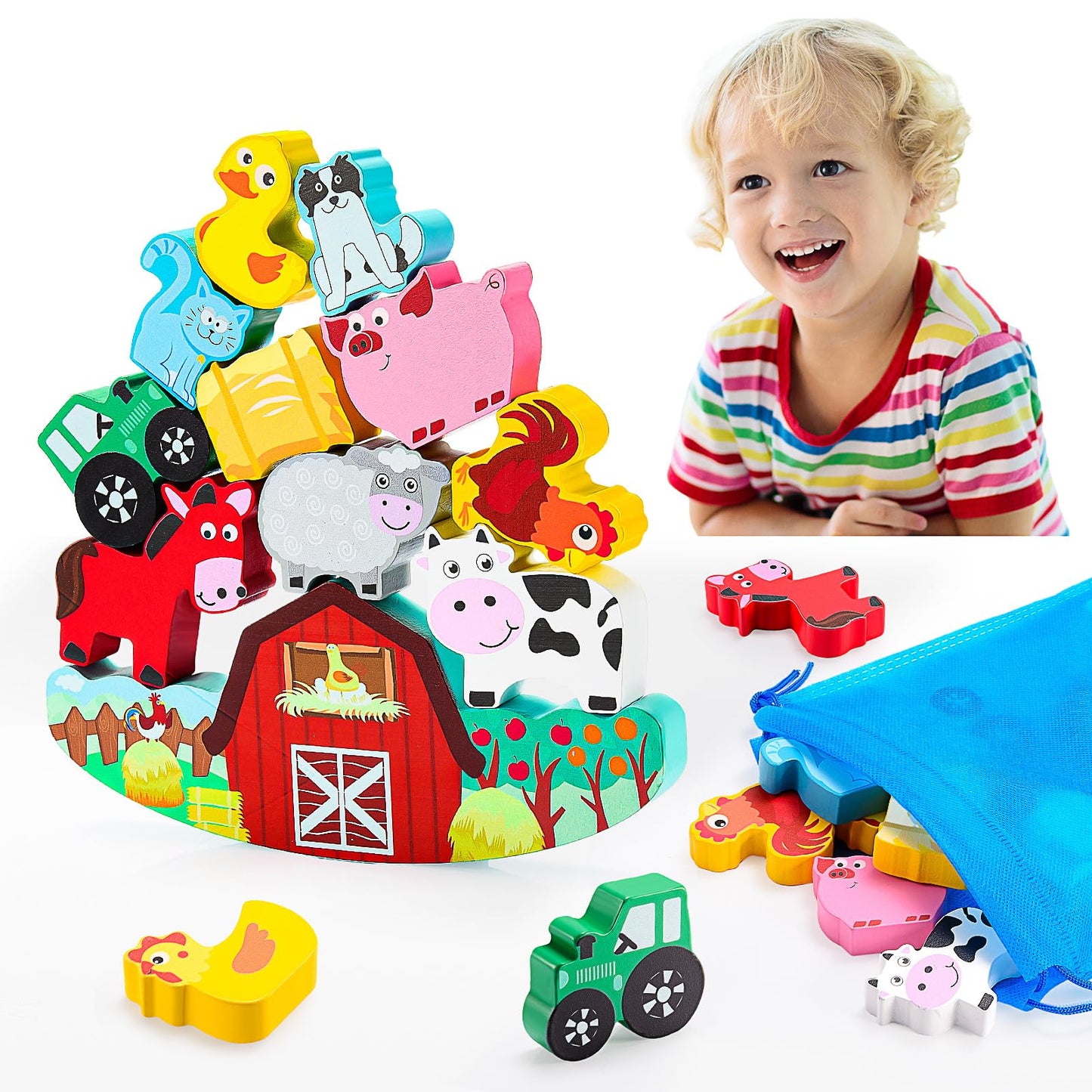 Ipourup Montessori Toys For Kids 3-7 Wooden Farm Animal Blocks Stacking Games Toy For 3 4 5 6 Year Old Girls Boys Birthday Gifts