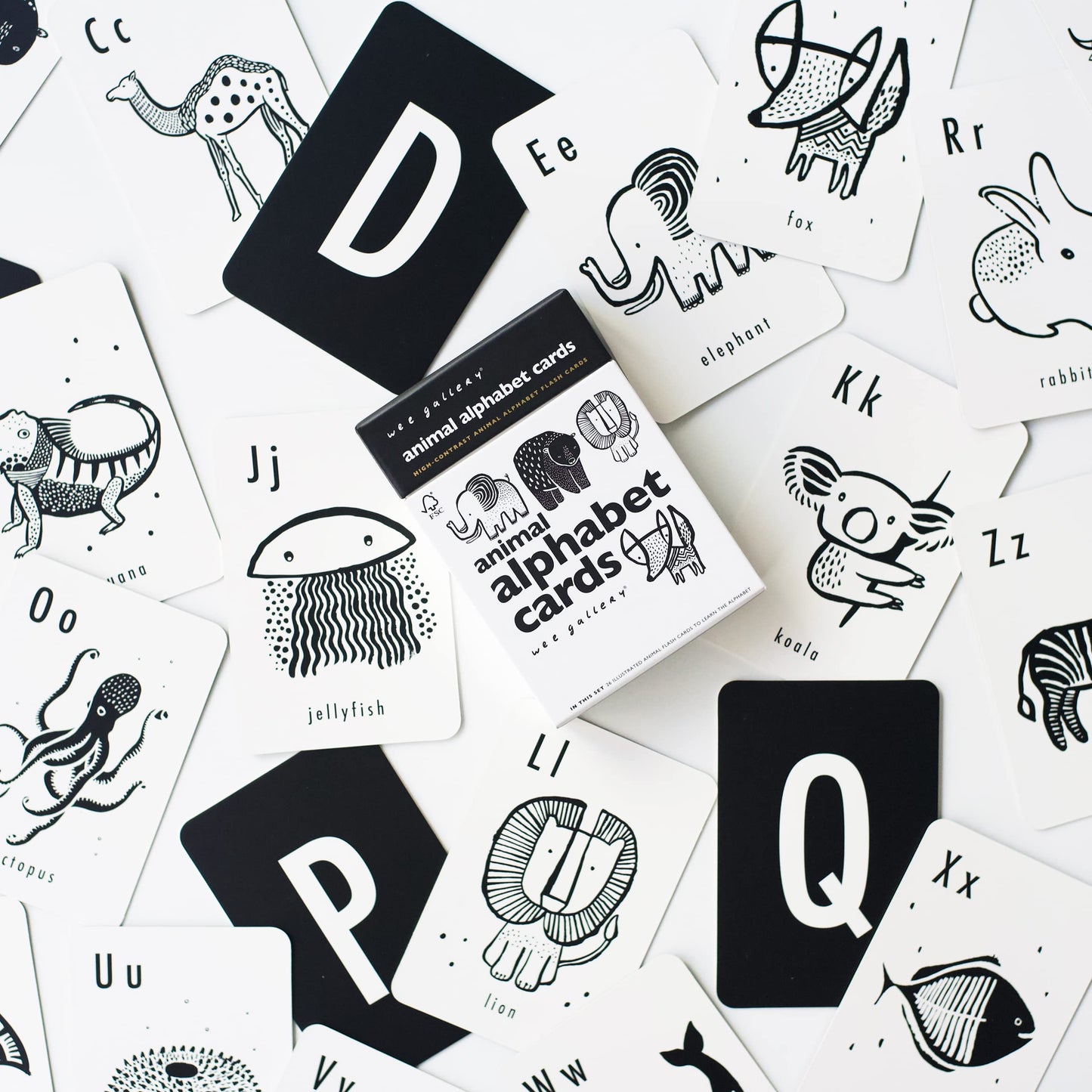 Wee Gallery Educational Flashcards For Babies, Black And White Animal Alphabet Learning Cards, Double Sided, Ideal For Visual Stimulation, Cognitive Development In Babies And Toddlers