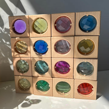 Koaics 16Pcs Acrylic Wooden Gem Blocks, Sparkling Acrylic Colorful Stackingtoys, Open Ended Play Montessori Educational Toys (16