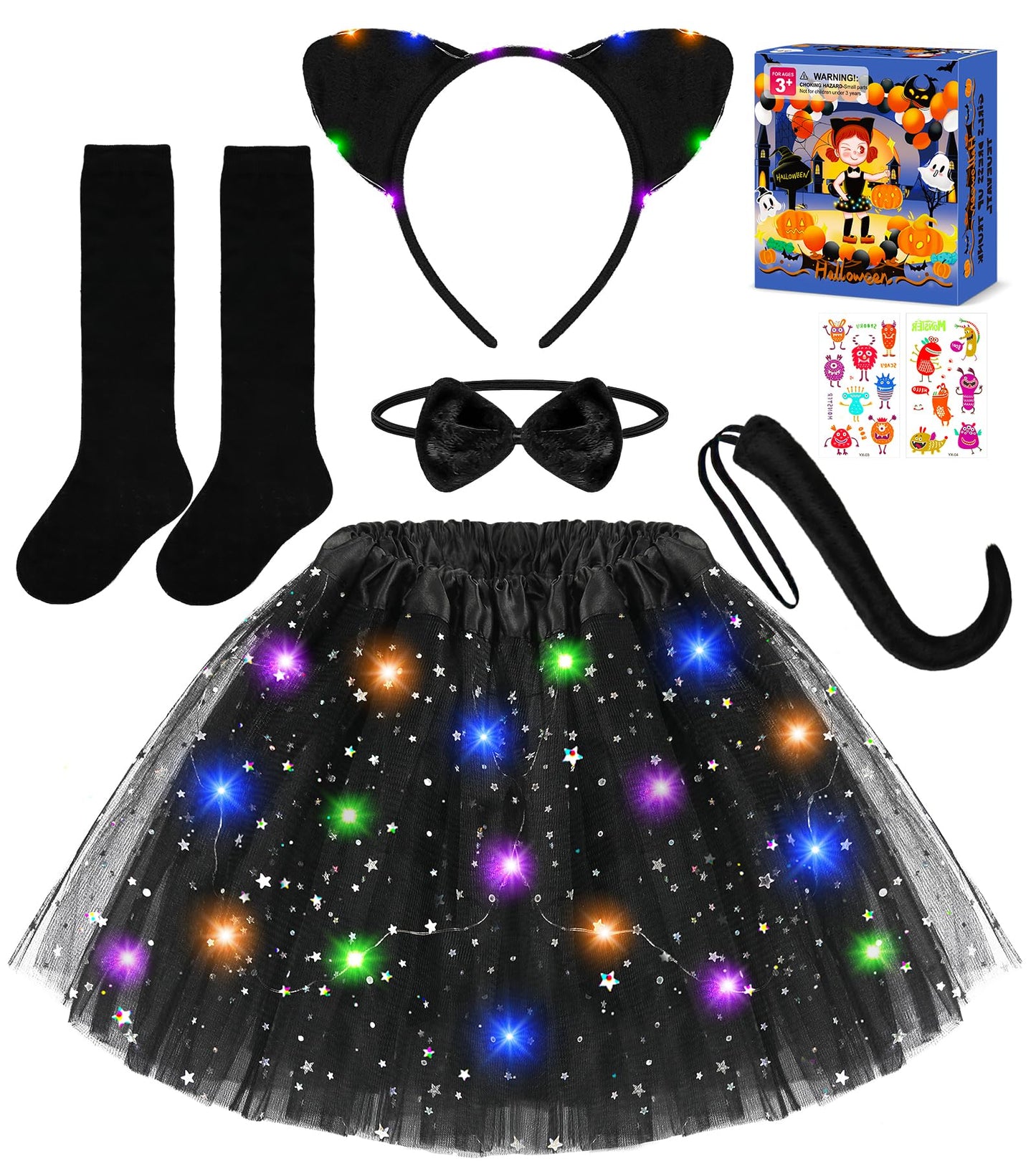 Teuevayl Black Cat Costume for Girls, 7 Pcs Kids Cat Costume with LED Light Up Tutu Skirt Cat Ears, Halloween Costumes for Girls