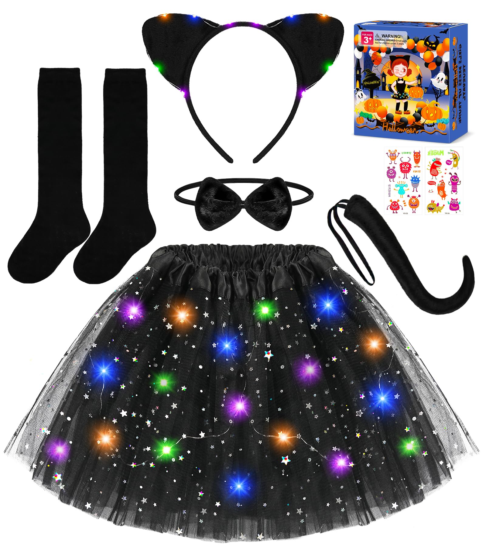 Teuevayl Black Cat Costume for Girls, 7 Pcs Kids Cat Costume with LED Light Up Tutu Skirt Cat Ears, Halloween Costumes for Girls