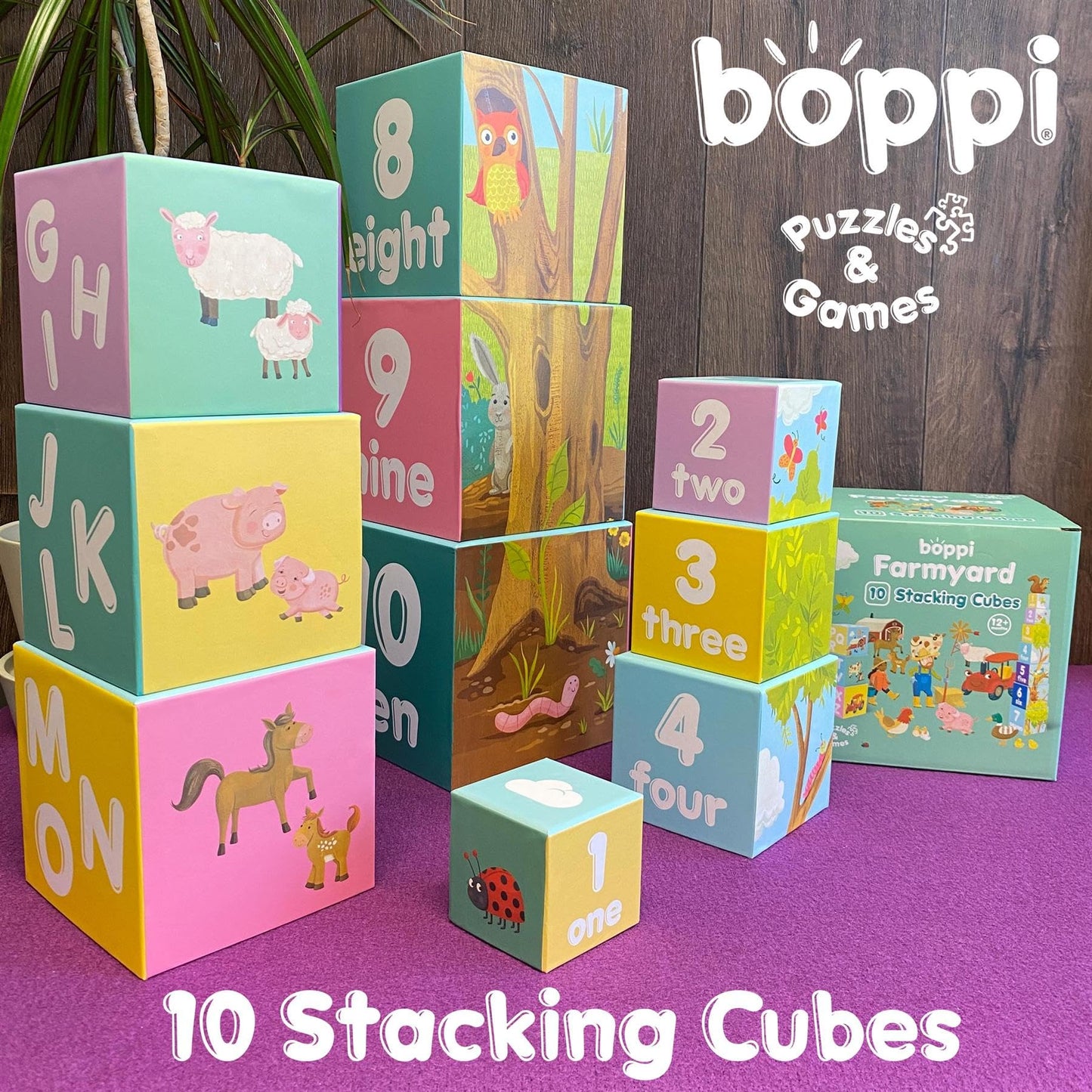 Boppi Baby Stacking Blocks Farmyard Animal Toys With Letters And Numbers, Montessori Cubes For Toddlers, Preschool Learning Toys