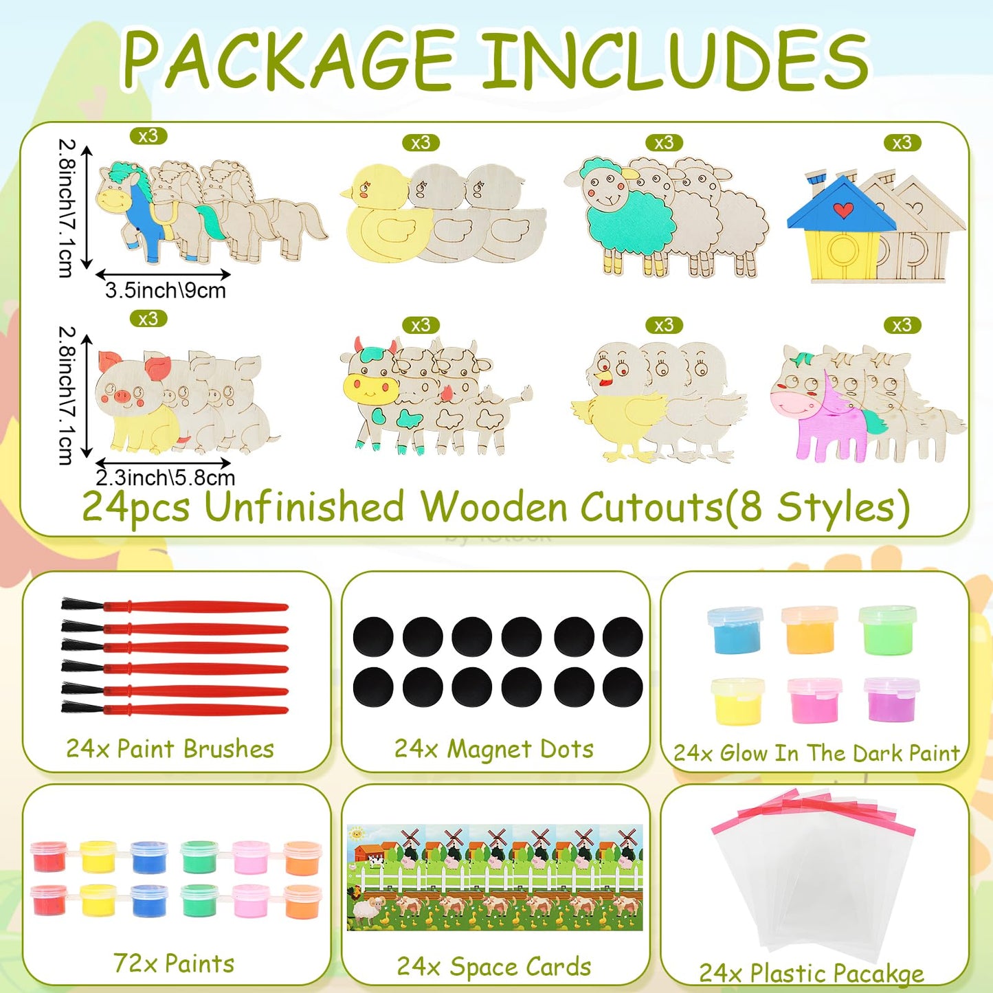 LARDUX Farm Animal Party Favors, 24PCS DIY Wooden Arts & Crafts Painting Kit for Kids Ages 4-8 8-12, Glow in The Dark Party Favo