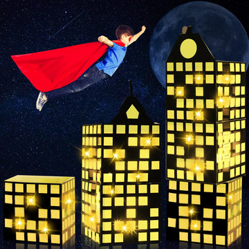 Weekgrat 6 Pcs Large Hero Party Favor Boxes with Light String 11 Inch Skyscraper City Gift Large Hero Theme Candy Treat Boxes Sk