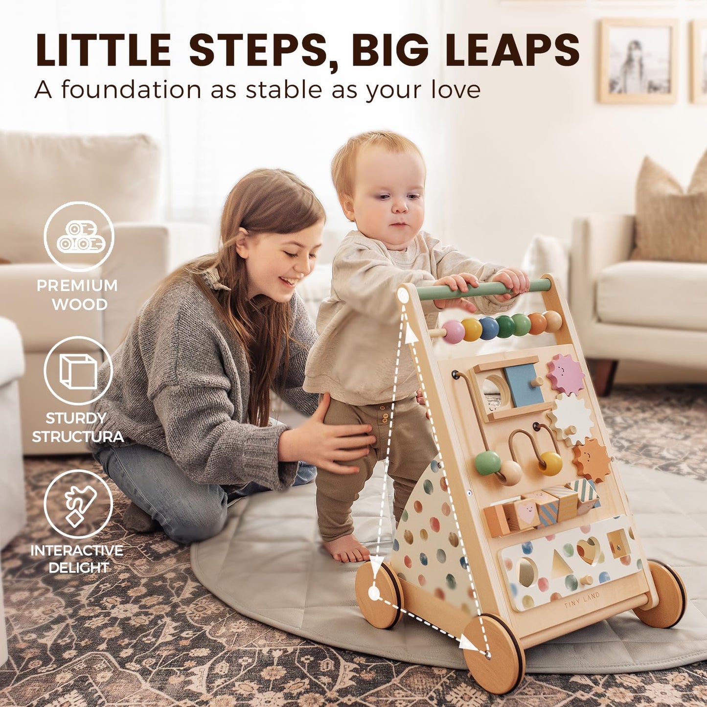 Tiny Land Wooden Baby Walker - Adjustable Speed Montessori Push Toy for Boys & Girls, Colorful Activity Center