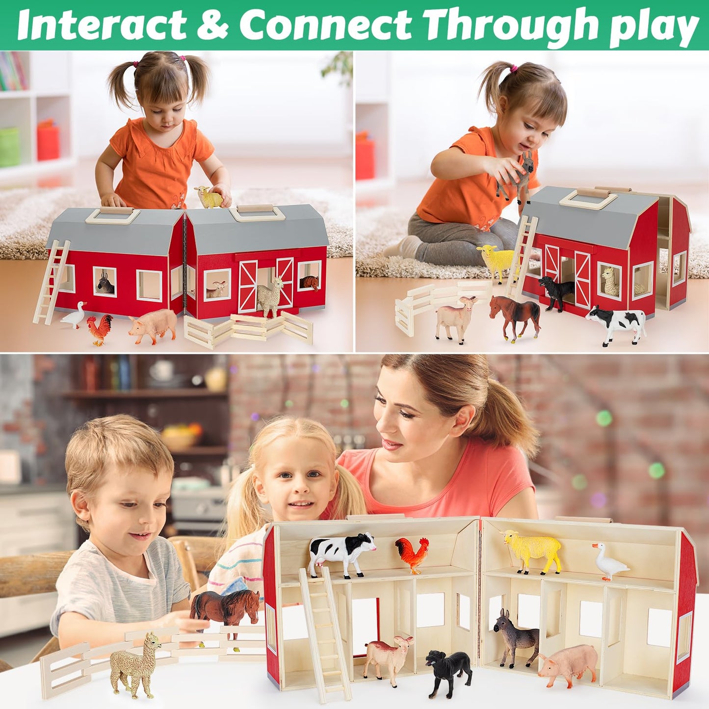 Gmaophy Farm Animals Toys For 3+ Year Old Toddlers Girls Boys, Big Wooden Barn Farm With Figures Animals Toy For Kids, Farm Playset Educational Learning Toys, Ideal Christmas Birthday Gifts