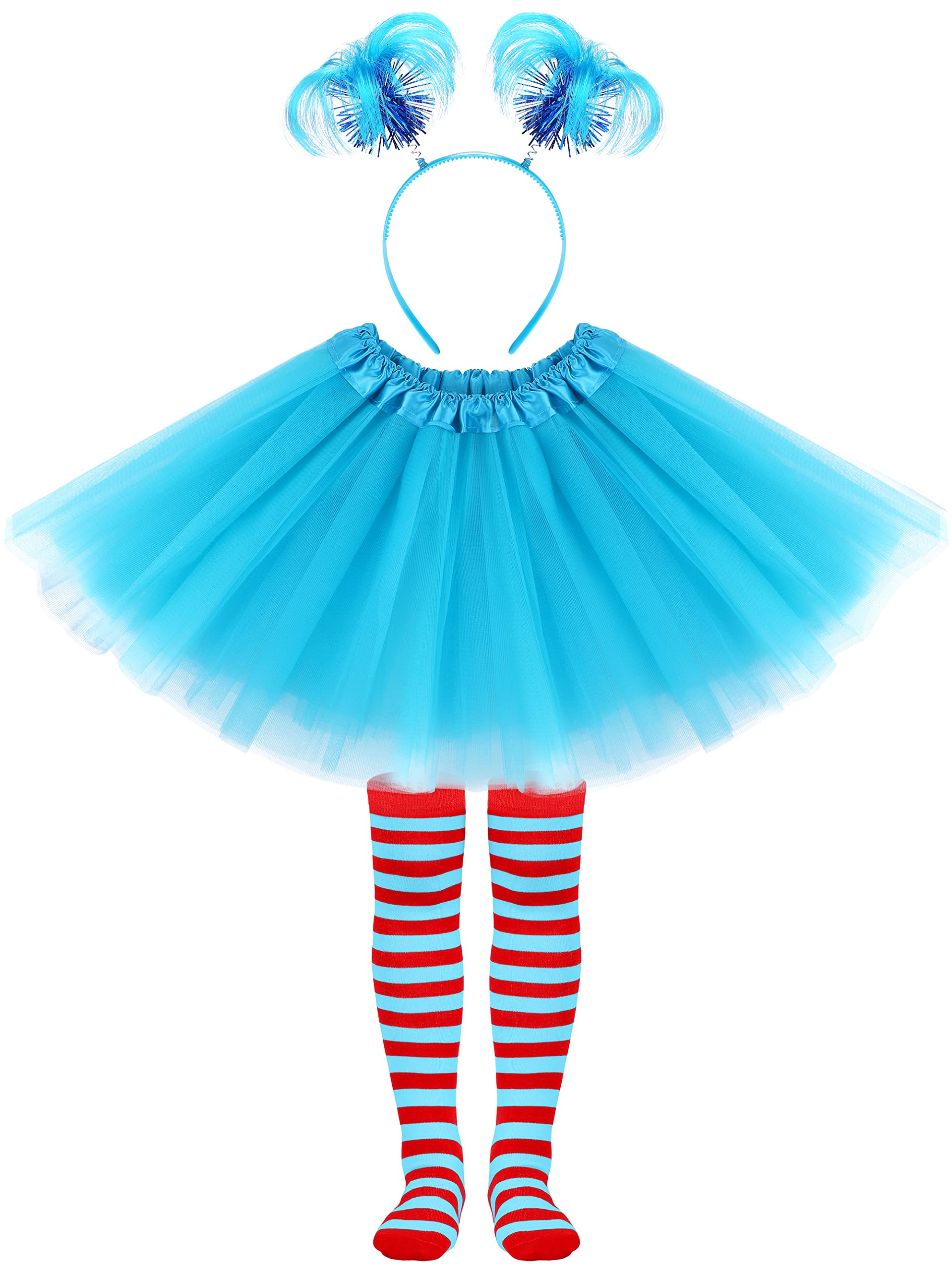 SOMSOC 3 Pieces Tulle Tutu Costume Set Tutus Skirts Feathers Ponytail Headband High Stocking for Halloween Cosplay