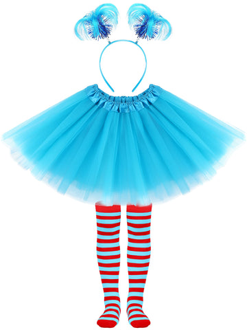 SOMSOC 3 Pieces Tulle Tutu Costume Set Tutus Skirts Feathers Ponytail Headband High Stocking for Halloween Cosplay