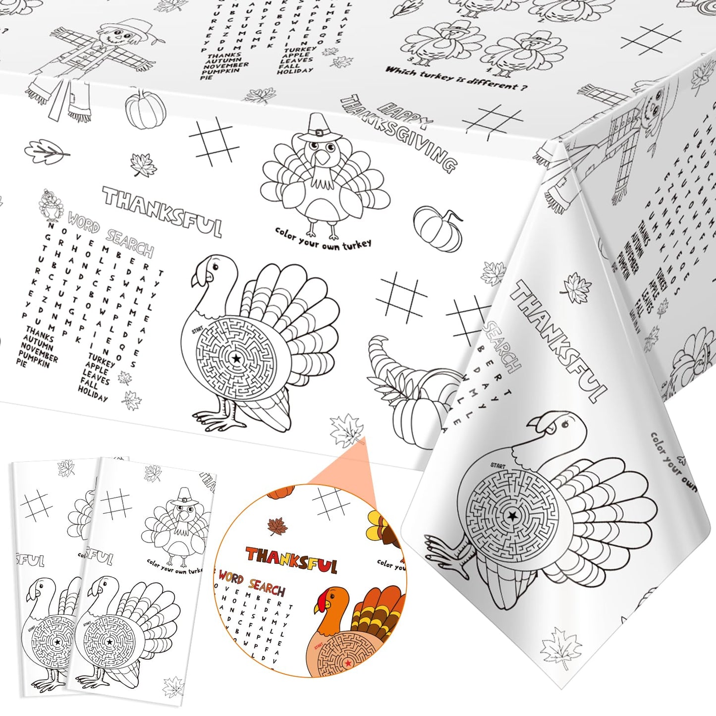 2 Pack Fall Thanksgiving Coloring Tablecloth for Kids, Disposable Thanksgiving Turkey Pumpkin Color-in Paper Table Cover, Fall A