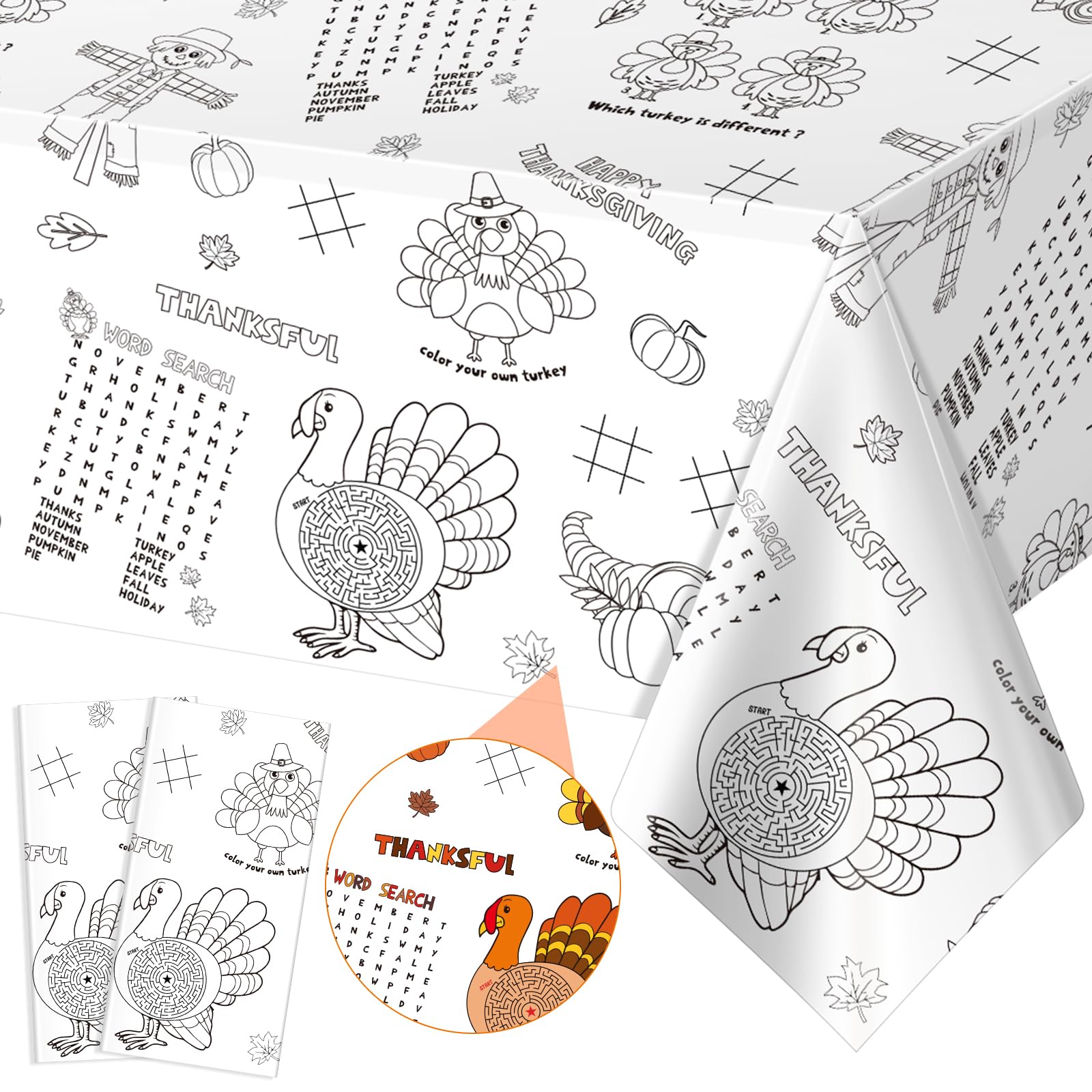 2 Pack Fall Thanksgiving Coloring Tablecloth for Kids, Disposable Thanksgiving Turkey Pumpkin Color-in Paper Table Cover, Fall A