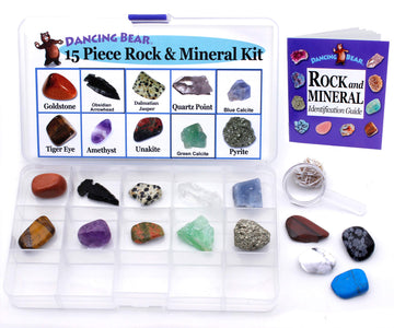 Dancing Bear -15 Pc Rock & Mineral Collection With Collector Box/Display Case, Id Sheet, Rock Book, Magnifying Glass, Beginner S