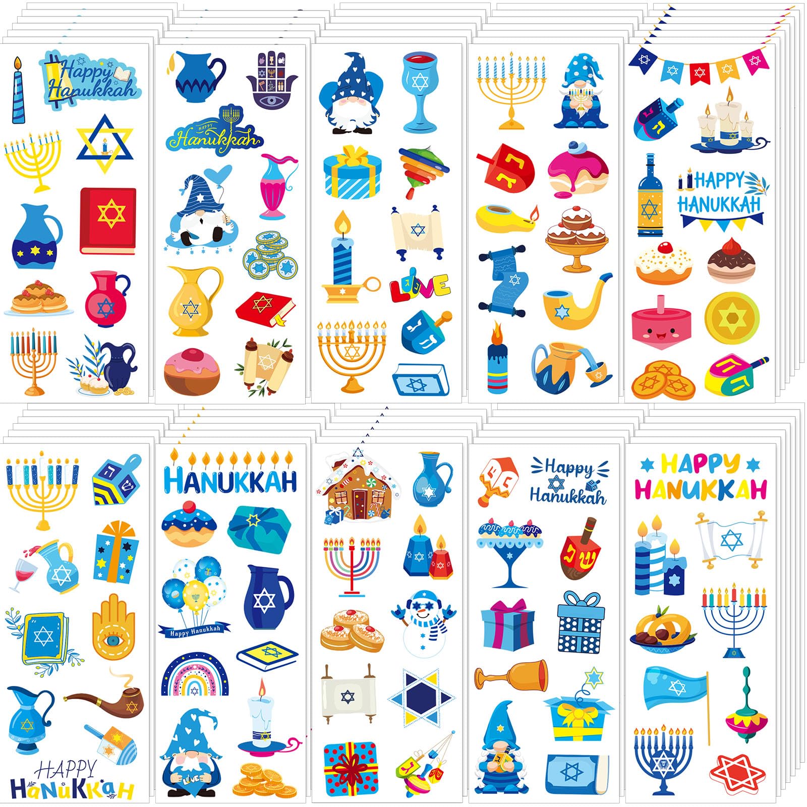 FEBSNOW Hanukkah Stickers,100 Sheets Happy Hanukkah Stickers for Kids Over 1000pcs Assorted Dreidels Menorah Candles Chanukah St