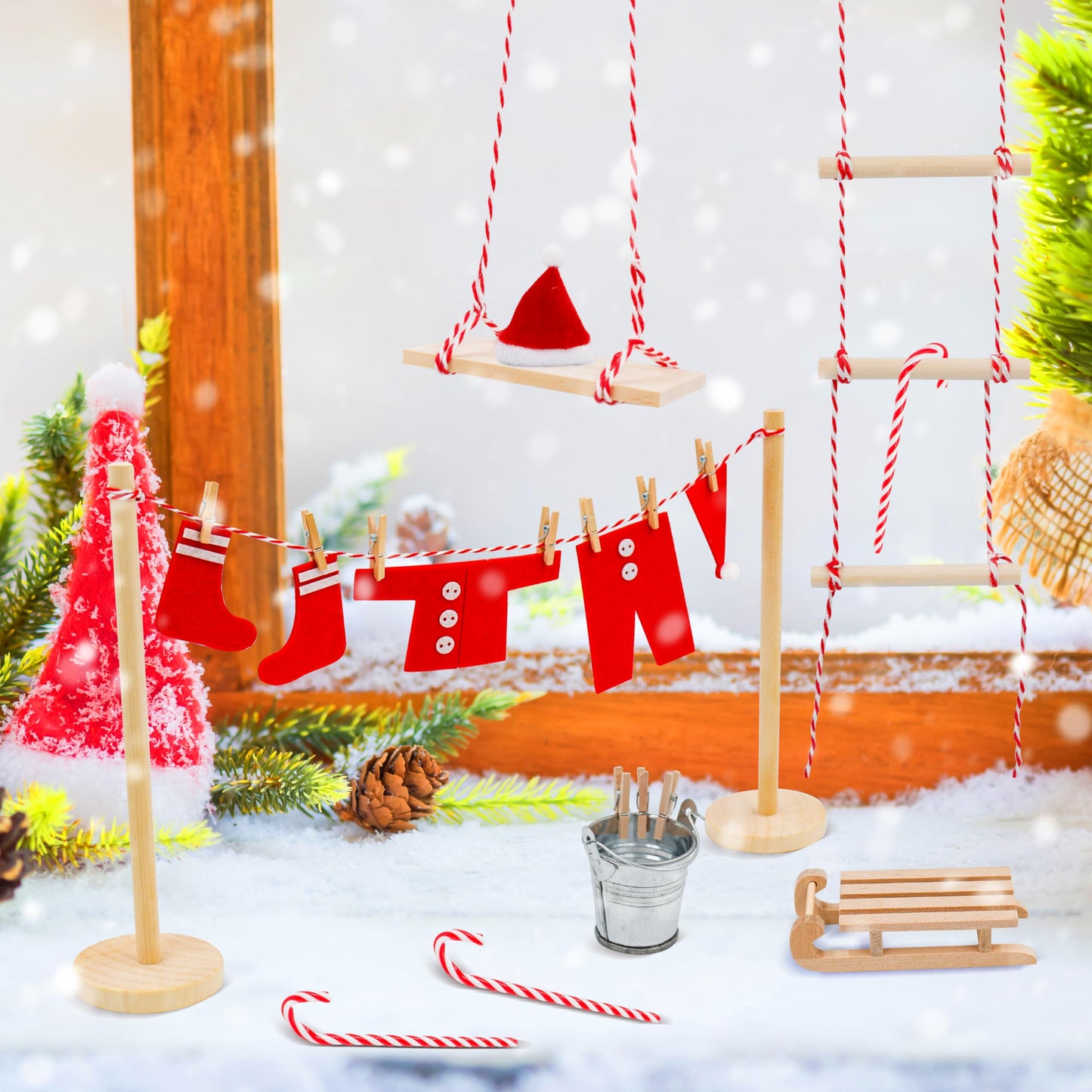 BEIREG 42pcs Christmas Elf Clothes Accessories Set - Red & Green, Polyester, Includes Clothes, Balloons, Ladder, Swing, Mini Props