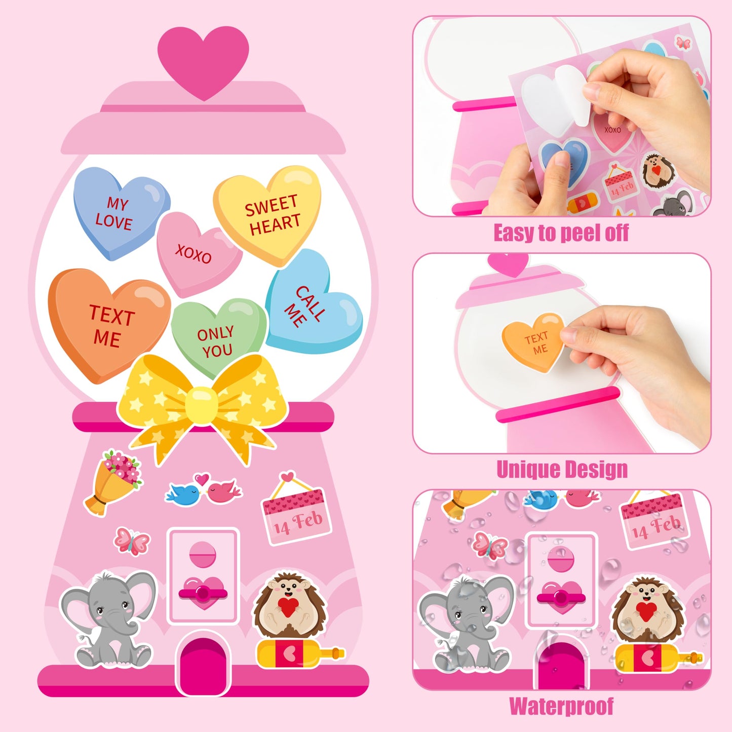 CY2SIDE Valentines Gumball Machine Stickers - 12 Sets of Valentines Day Conversation Heart Sticker Art Craft for Kids School Act