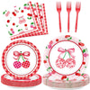 96Pcs Cherries Theme Plates and Napkins Pink Bow Cherry Birthday Party Decoration Disco Ball Disposable Dessert Cake Plates Cher