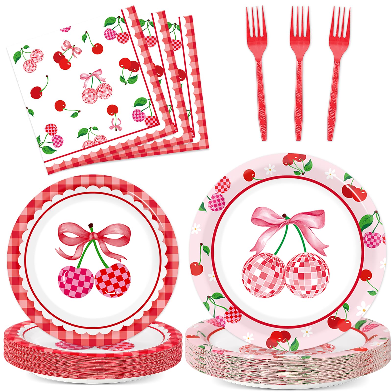 96Pcs Cherries Theme Plates and Napkins Pink Bow Cherry Birthday Party Decoration Disco Ball Disposable Dessert Cake Plates Cher