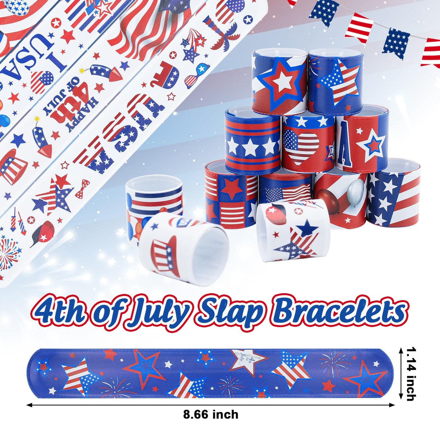 4th of July Party Favors Slap Bracelets for Kids 36PCS Red White and Blue American Flag Patriotic Snap Bracelet Bulk Independenc
