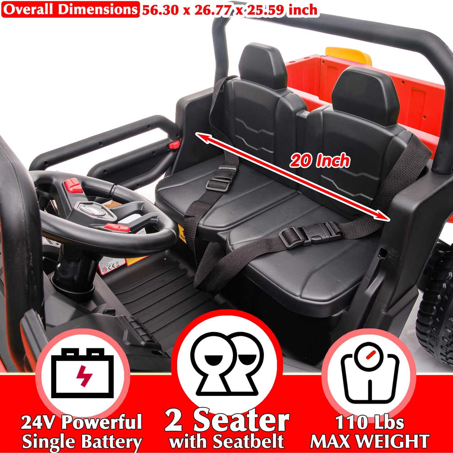 Sopbost 2 Seater 24V Kids Ride On Truck With Electric Dump Bed, Extra Shovel, 4Wd Battery Powered Ride On Toy Car With Remote Control, Music Play, Eva Tires Wheels, Red