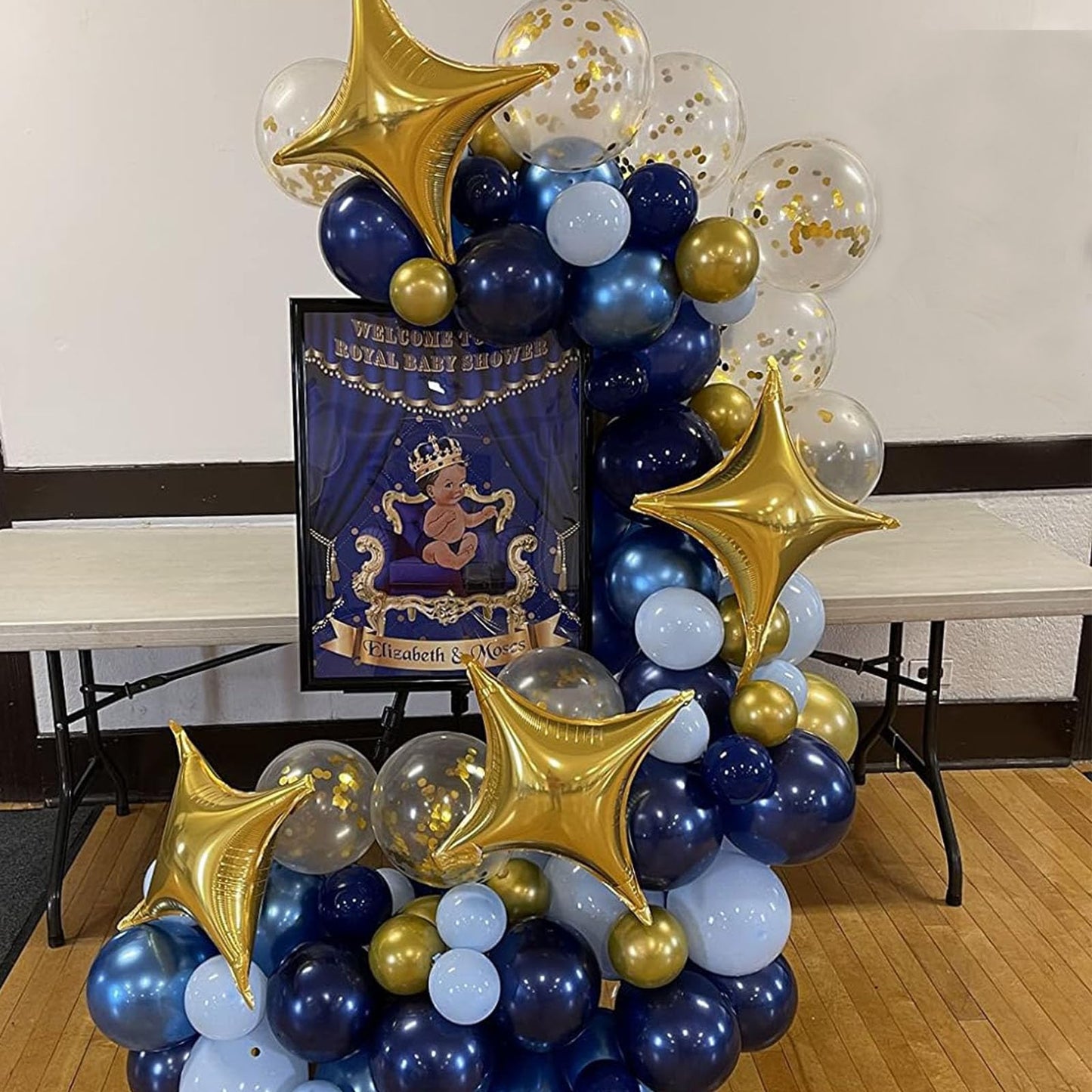 Paready Blue And Gold Latex Balloons, 60 Pcs 12 Inch Navy Blue Metallic Gold Confetti Balloons, Blue Party Balloons For Baby Sho