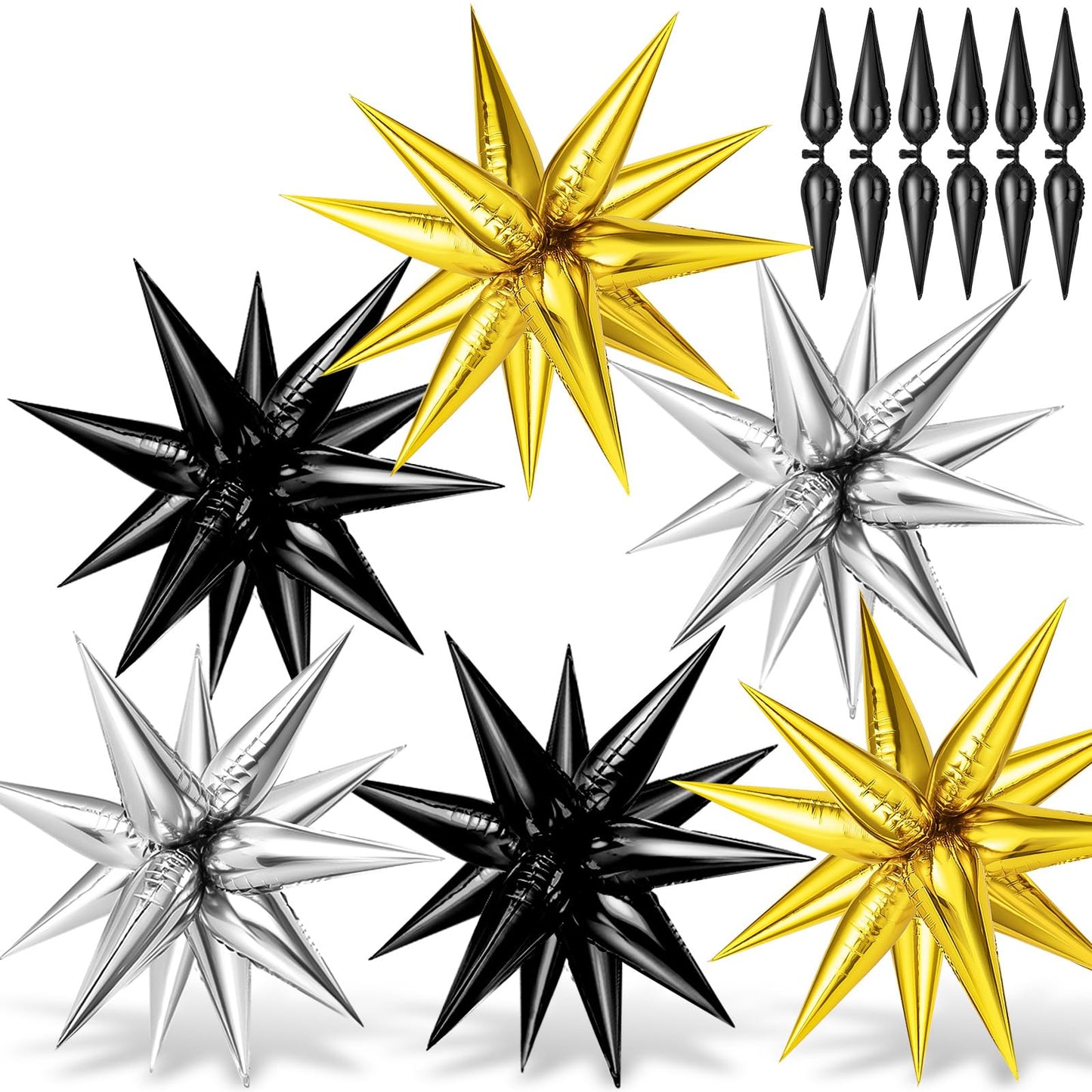 72Pcs Gold, Silver, Black Star Balloons, Big 26 Inch Star Cone Balloons, Metallic Starburst Cone Mylar Balloons, Spike Balloons
