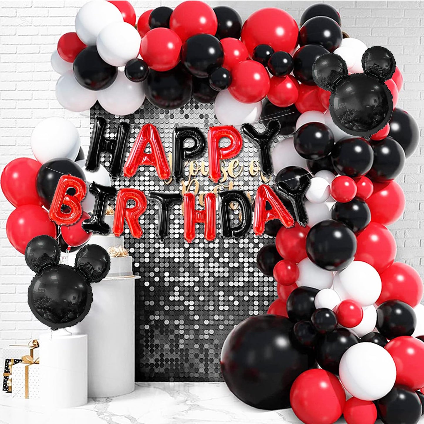 16 Inch Red Black Happy Birthday Balloons Letters Banner & 2Pcs Mini Mouse Head Balloons Cartoon Mouse Birthday Party Supplies R