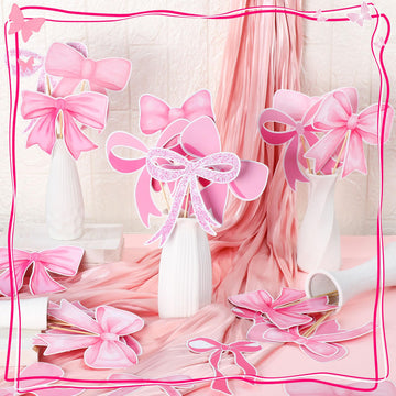 Cinnvoice 30 Pcs Bow Party Decorations Coquette Bow Table Toppers Birthday Table Decor Coquette Party Centerpieces Sticks for Bi
