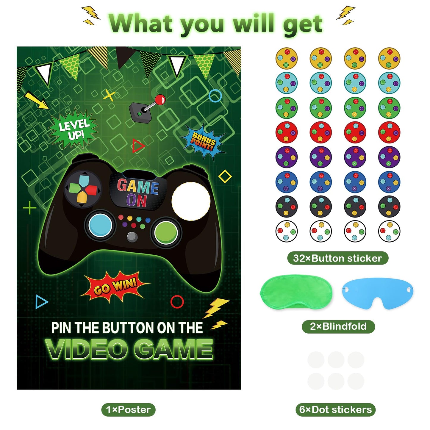Eaezerav Pin The Button On The Video Game Party Game 32 Video Game Button Stickers Large Poster Video Game Birthday Party Decora