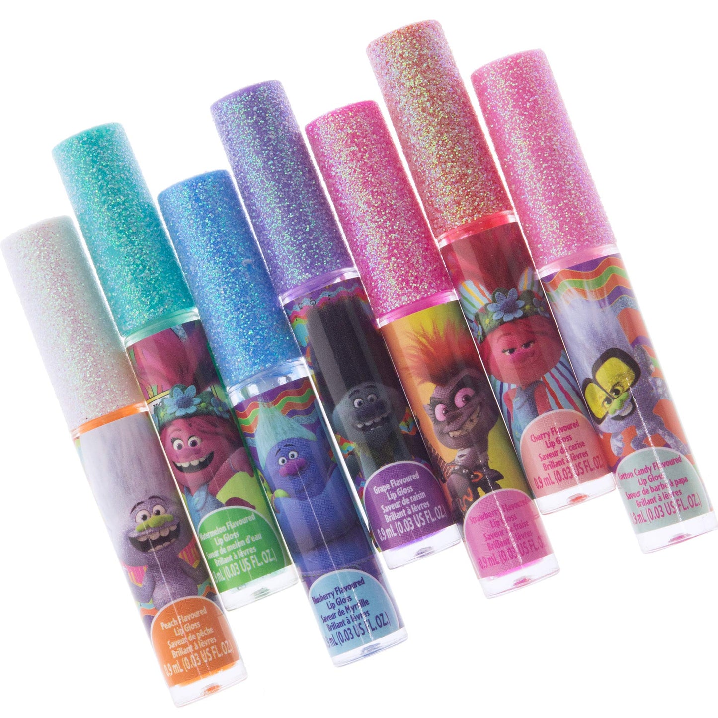 Townley Girl Trolls World Tour Lip Gloss Makeup Set, 7 Pieces, Multi, 0.21 Fl Oz, Ideal for Parties & Gifts for Girls 3+
