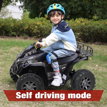 SOAR Remote Control 4 Wheeler for Kids, Black Electric ATV, 12V Battery, LED Lights, Music, High/Low Speed, Ages 3-6