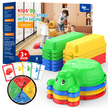 16 Pcs Balance Beam And Stepping Stones For Kids - 4 Turtle Shape Stepping Stones And 12 Connectable Beams With Sound Feature,Co