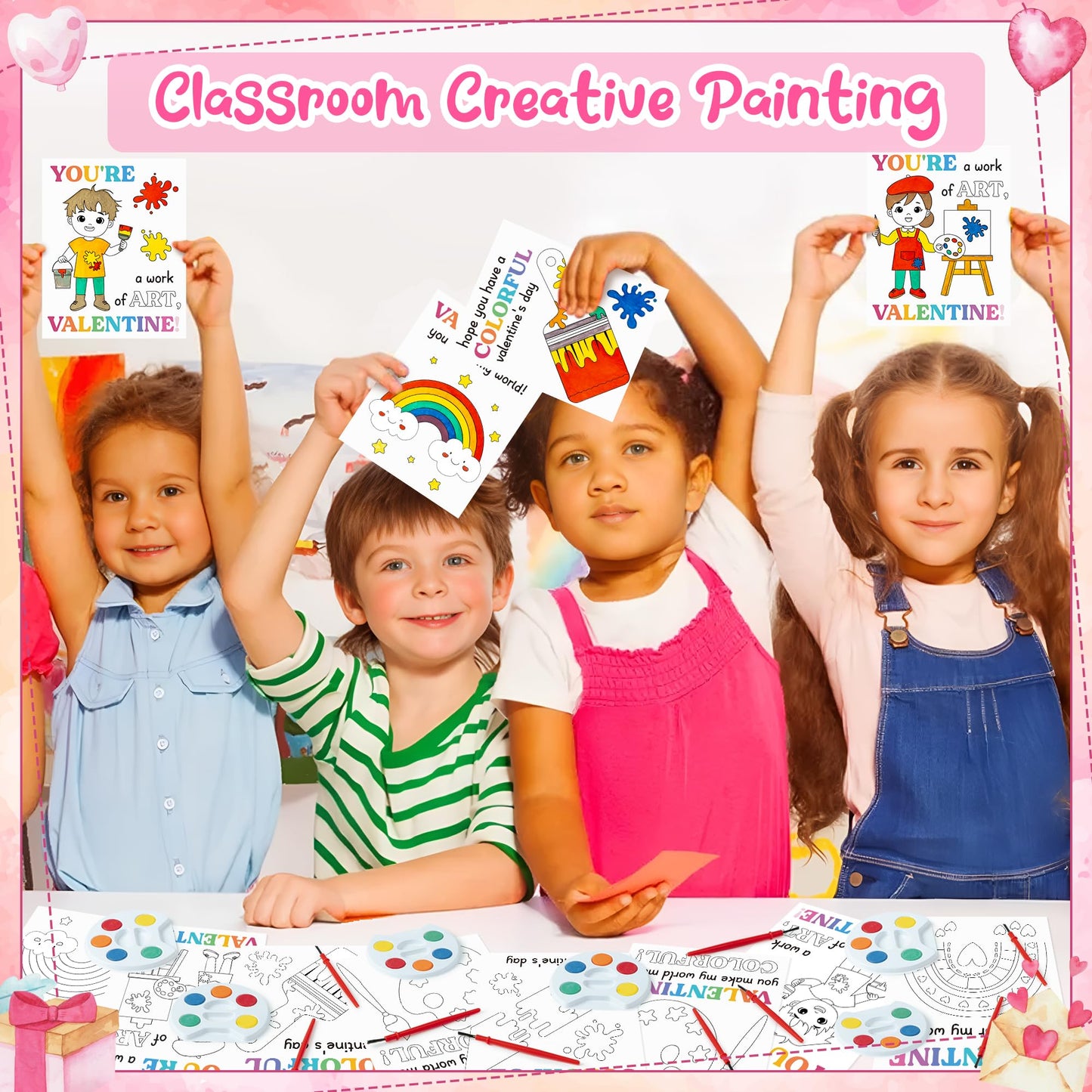 CPicdn 24 Pack Valentines Day Gifts Mini Watercolor Kids Paint Set, DIY Valentines Greeting Card Watercolor Paint Bulk for Boys