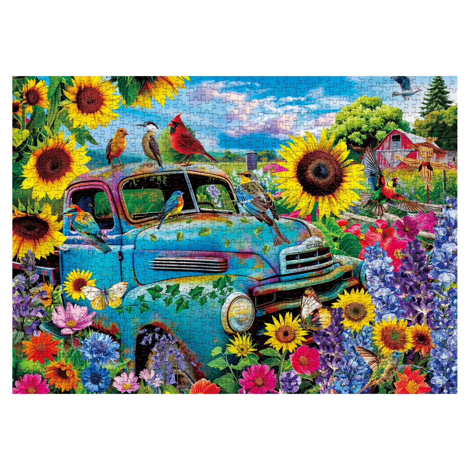 Flower Country Puzzle For Adults 1000 Pieces, Colorful Bird Sunflower Farm Jigsaw Puzzles, Car Butterfly Pretty Floral Puzzle