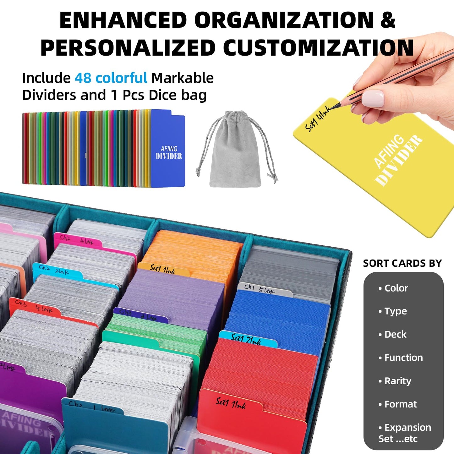 AFIING 4-Row Trading Card Storage Box - Holds 3200+ Cards  48 Dividers & 4 Stoppers  Card Deck Box for MTG TCG Sports Cards - Includes 1 Dice Bag(Black Cyan)