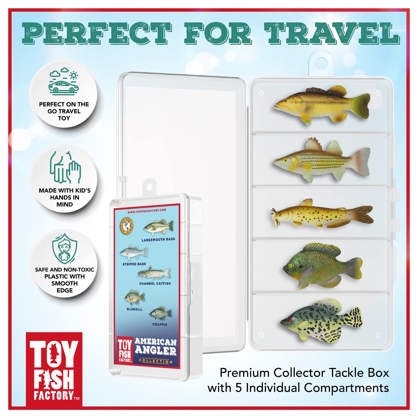 Toy Fish Factory American Angler Toy Fish Set - Miniature Largemouth Bass, Crappie, Bluegill, Catfish, Striped Bass - Multicolor, Plastic