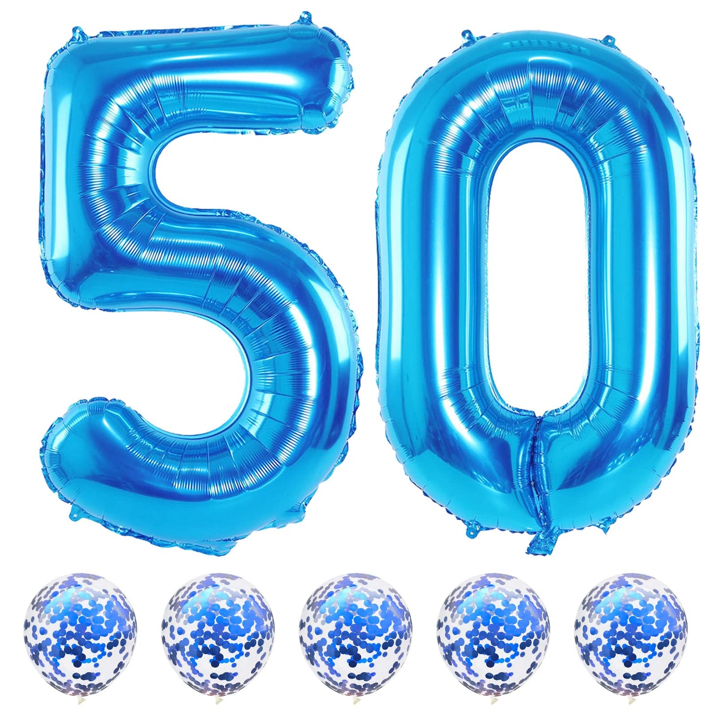 40 Inch Number 50 Foil Balloons Set, Blue 50Th Birthday Balloons With Blue Confetti Balloons, Giant Number 5 And 0 Helium Balloo