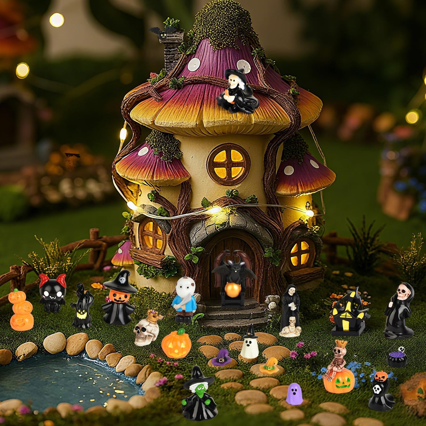 PLULON 68Pcs Halloween Miniatures Figurines  Mini Resin Figures Tiny Small Ghost Skull Pumpkin Ornaments for Crafts Fairy Garden Dollhouse Party Decor Village Accessories Bag Fillers