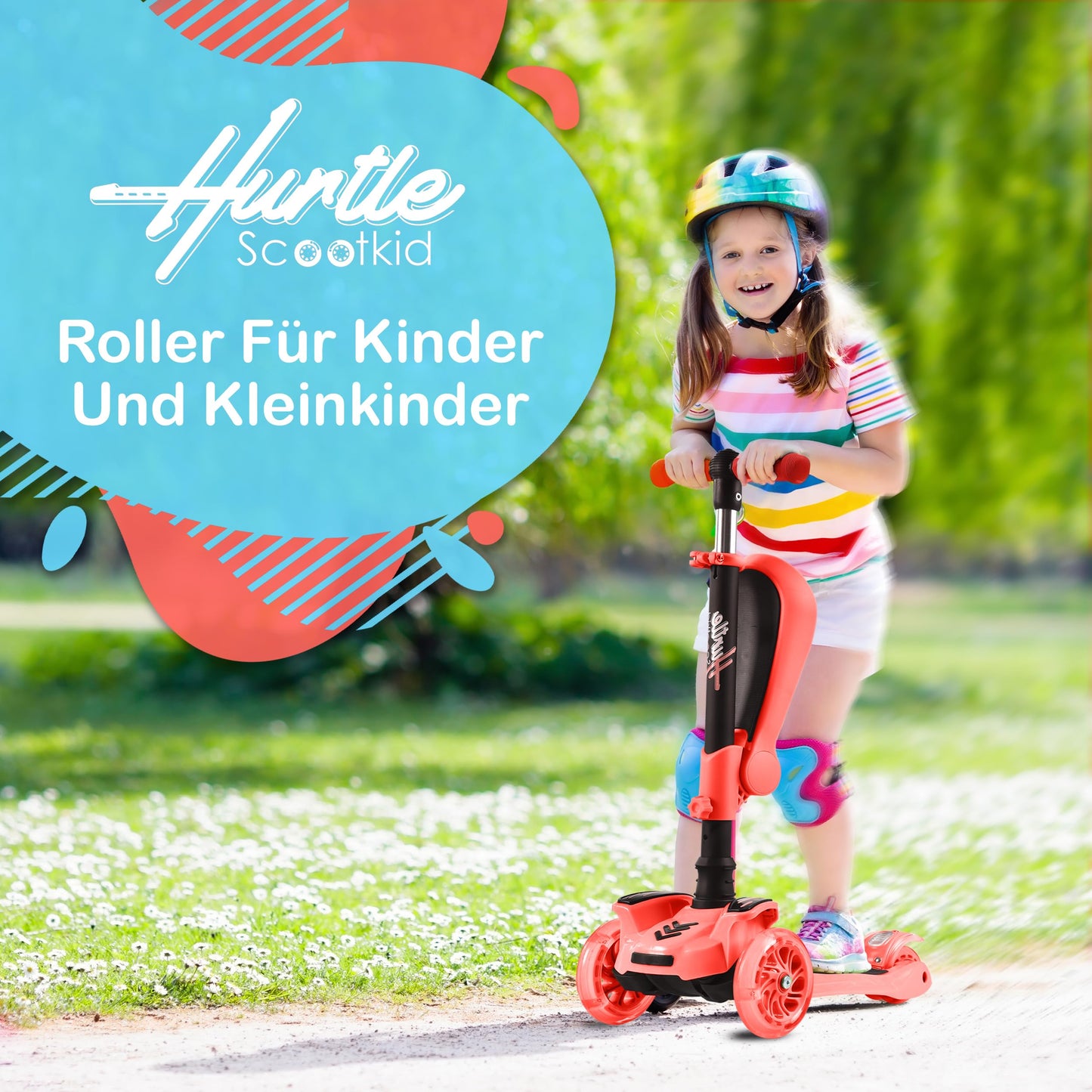 Hurtle Kids Scooter - Child Toddler Kick Scooter Toy With Foldable Seat - 3 Wheel Scooter With Adjustable Height, Anti-Slip Deck, Flashing Wheel Lights, For Boys/Girls 1-12 Year Old, Red