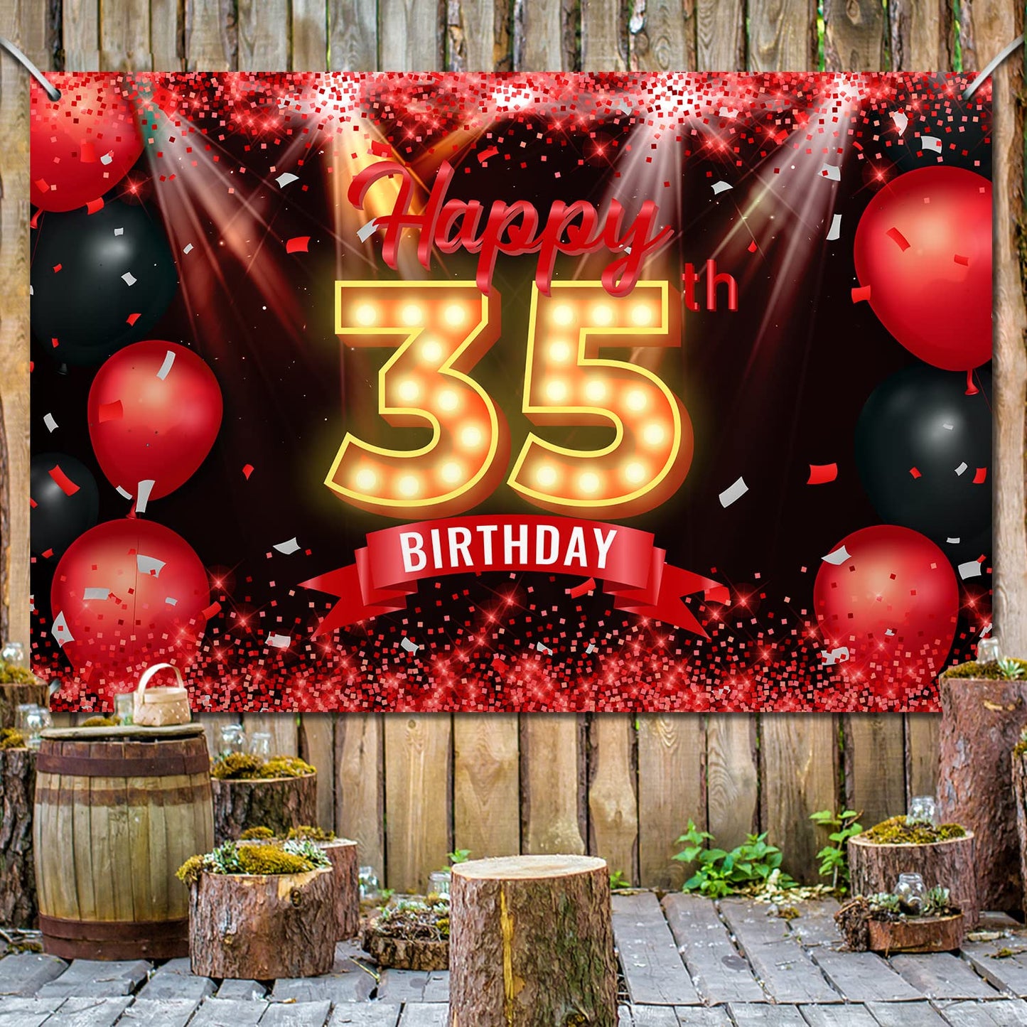 Happy 35Th Birthday Banner Backdrop Red And Black 35 Years Old Background Bday Decorations For Women Men Photography Party Supplies Glitter