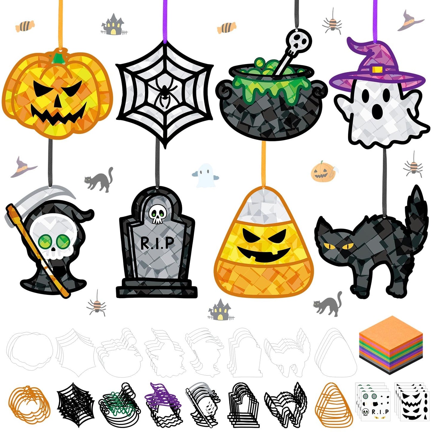 DoubleFill 48 Pcs Halloween Suncatchers Craft Kits DIY Stained Glass Effect Tissue Paper Kits Bulk for Window Decor Ornament Par