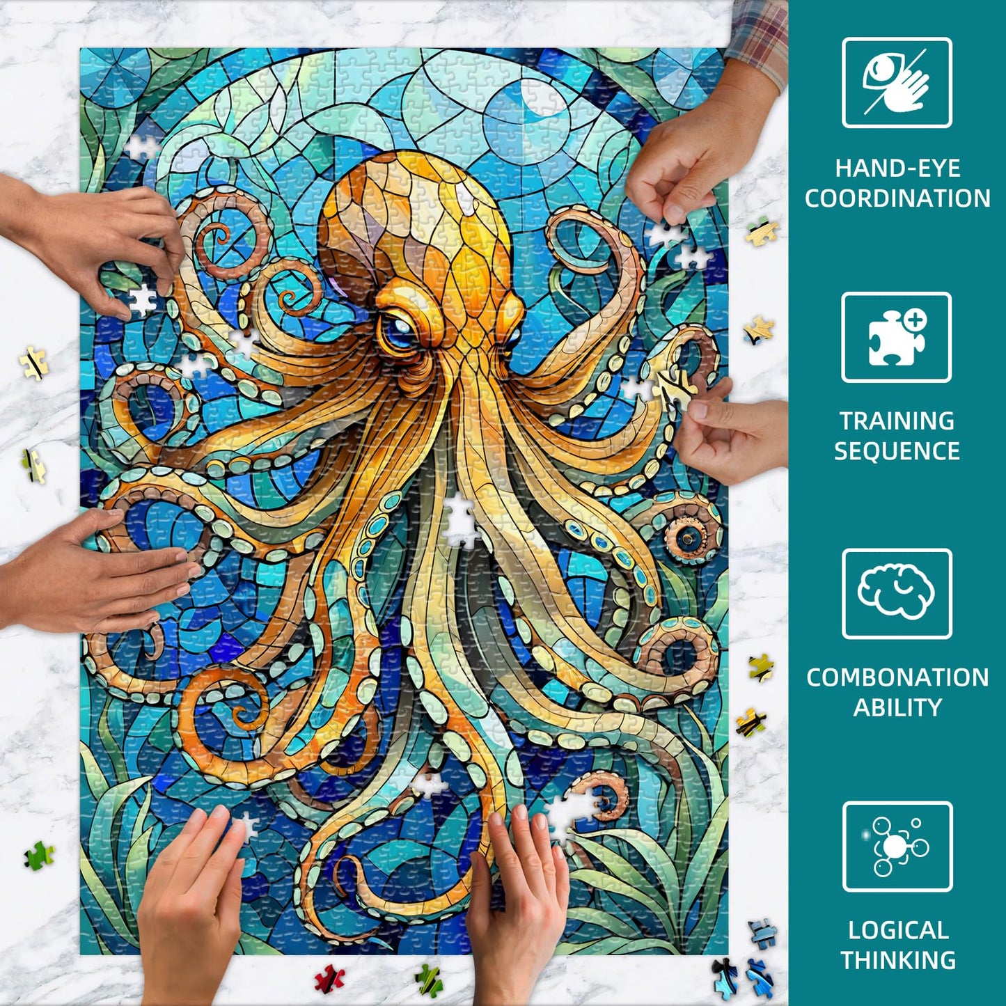 Sutinban 1000 Piece Stained Glass Octopus Puzzle for Adults, 27.5"x19.7", Great Gift for Sea Creatures Lovers