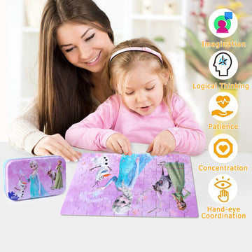 Lelemon Pretty Girl Puzzles For Kids Ages 4-8, 60 Piece Snowman Puzzles For Kids Ages 3-5,Children Jigsaw Puzzles Kids Puzzles In A Metal Box,Educational Learning Puzzle Toys For Girls And Boys