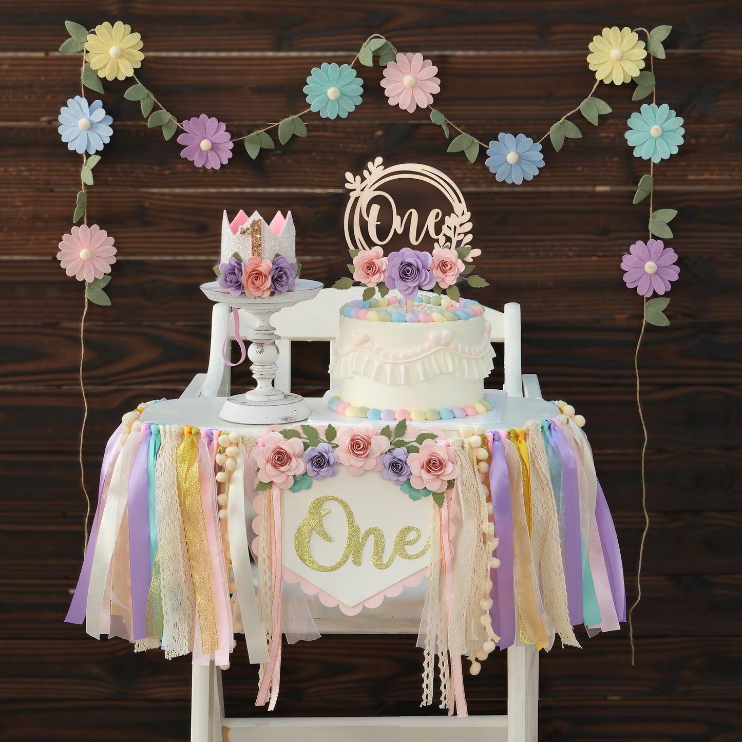 HODIHIWI Wildflower 1st High Chair Banner Birthday Decorations For Girls Flower Cake Topper Hat Floral Theme Party Decoration