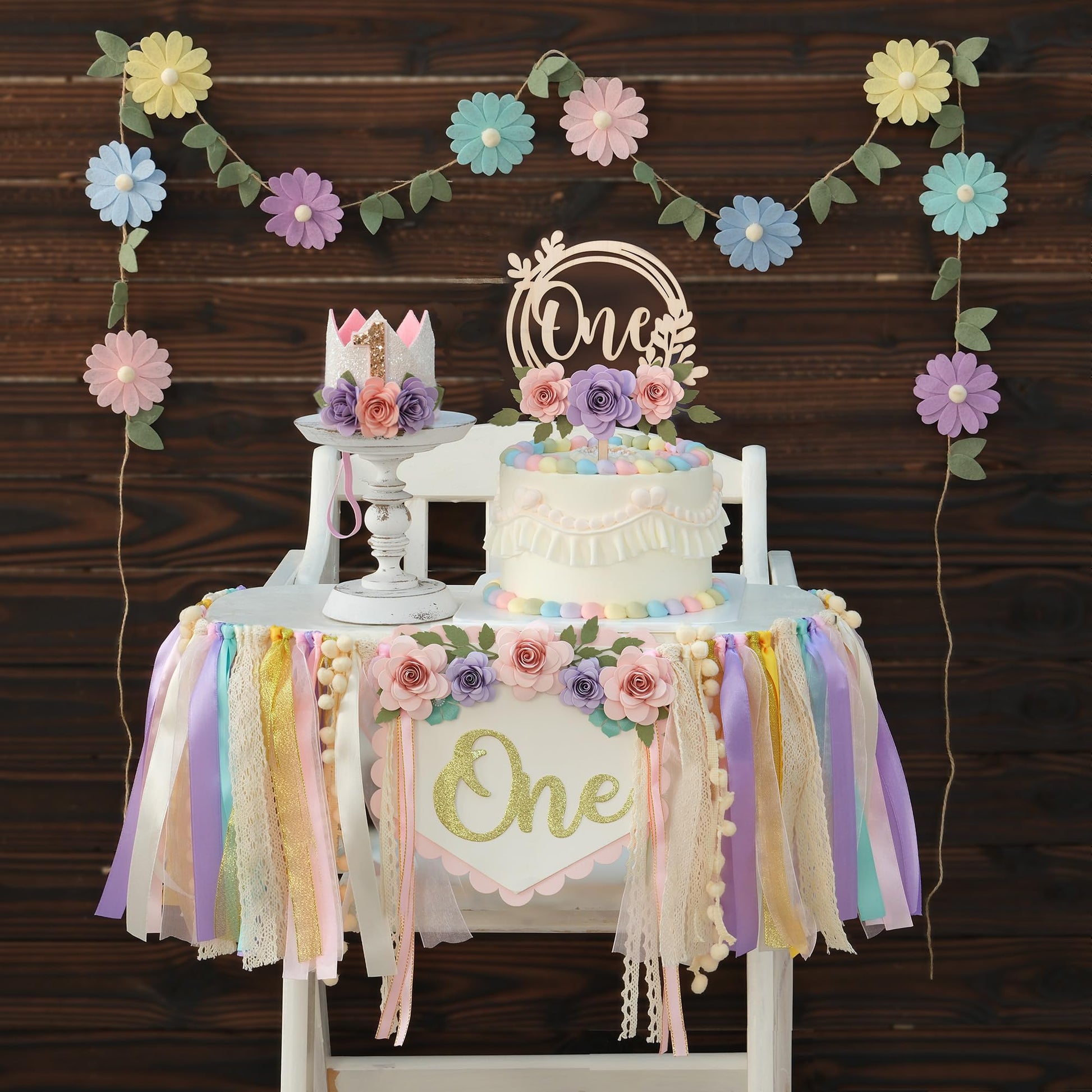 HODIHIWI Wildflower 1st High Chair Banner Birthday Decorations For Girls Flower Cake Topper Hat Floral Theme Party Decoration