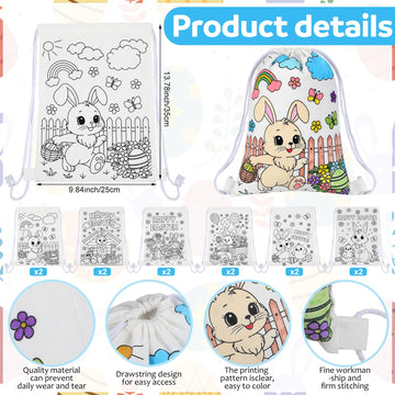 Dansydaisy 12 Pcs Color Your Own Easter Drawstring Bags Canvas Coloring Happy Easter Bag Bunny Rabbit Egg Chick Crafts Bulk Gift