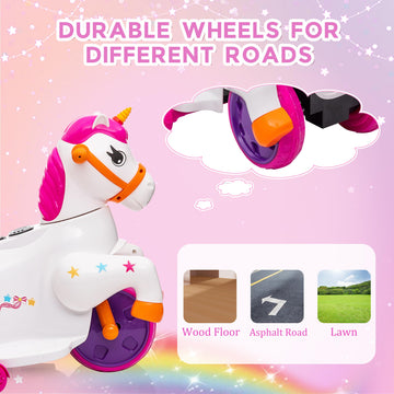 Unicorn Ride On Toys For Girls Tobbi Ride On Pony Motorized 3-Wheeler Toddler Ride On Toy Kid Car W/Music, Charging Battery, Birthday Gifts For Children, Rose Red