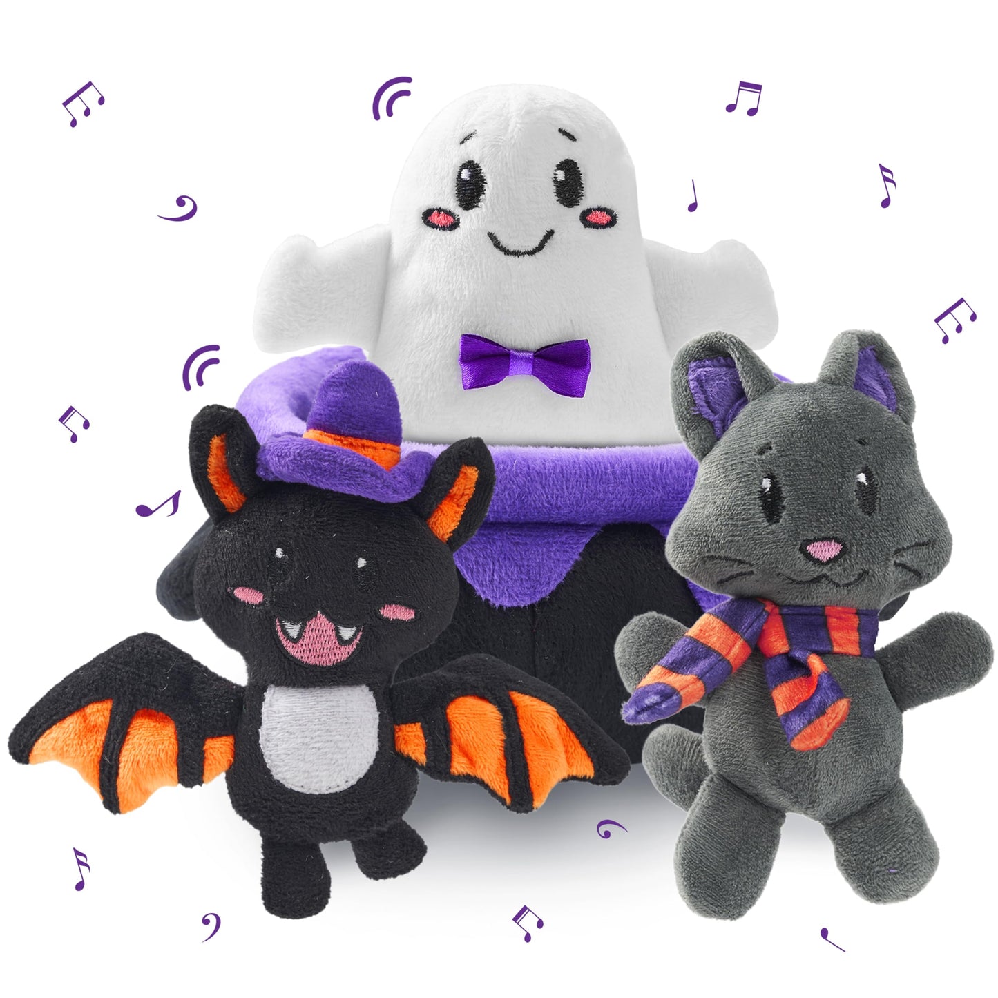 JOYIN 4PCS Baby Halloween Plush Toy  Plushie Cauldron with Ghost Bat Cat  Halloween Playset for Kid Trick or Treat  School Classroom Party Favor Supply Gift  Goodie Bag Stuffer Filler  Prize and Treat