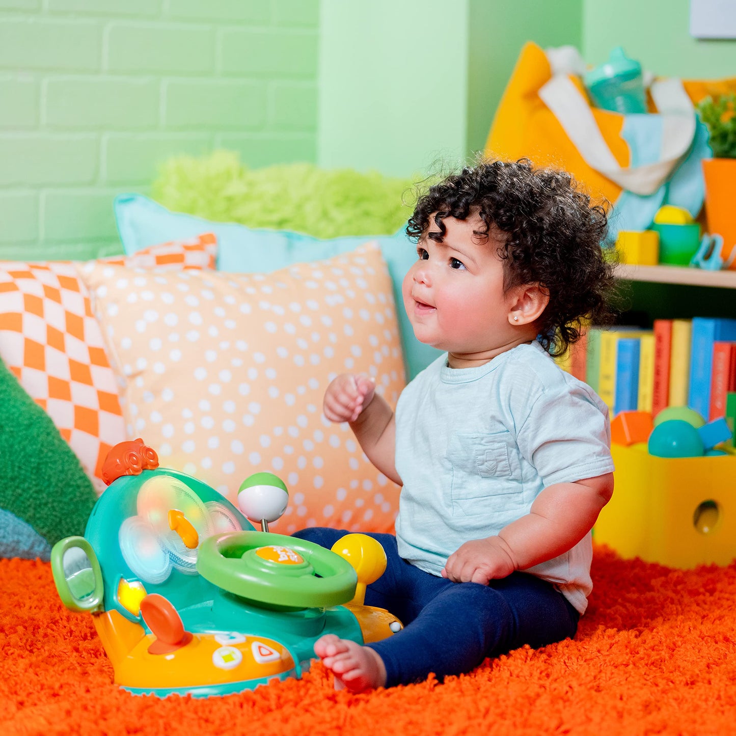 Bright Starts Lights and Colors Driver Toy Steering Wheel with Car Sounds for Pretend Play - Green, 6 Months and up